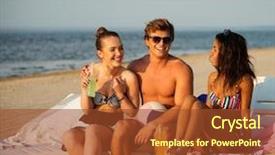  Presentation with multi ethnic group - Audience pleasing presentation theme consisting of group of multi ethnic friends sunbathing on a deck chairs on a beach backdrop and a tawny brown colored foreground