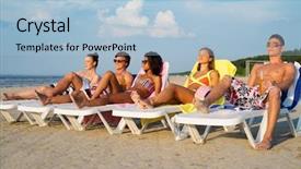  Presentation with multi ethnic group - Beautiful PPT theme featuring group of multi ethnic friends sunbathing on a deck chairs on a beach backdrop and a light blue colored foreground