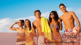  Presentation with ethnic group - PPT theme featuring group of multi ethnic friends walking on a beach background and a red colored foreground