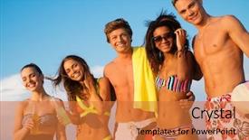  Presentation with ethnic group - PPT layouts having group of multi ethnic friends with drinks relaxing on a beach background and a red colored foreground