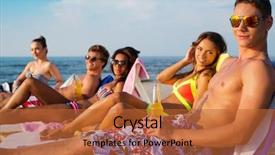  Presentation with multi ethnic group - Cool new theme with group of multi ethnic friends sunbathing on a deck chairs on a beach backdrop and a red colored foreground