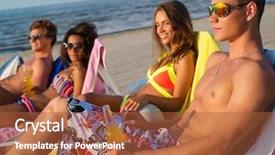  Presentation with multi ethnic group - Cool new PPT layouts with group of multi ethnic friends sunbathing on a deck chairs on a beach backdrop and a red colored foreground