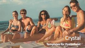  Presentation with ethnic group - PPT layouts with group of multi ethnic friends sunbathing on a deck chairs on a beach background and a red colored foreground