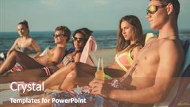  Presentation with multi ethnic group - Amazing slide deck having group of multi ethnic friends sunbathing on a deck chairs on a beach backdrop and a red colored foreground