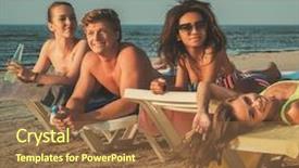  Presentation with ethnic group - Slides enhanced with group of multi ethnic friends sunbathing on a deck chairs on a beach background and a tawny brown colored foreground