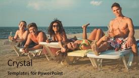  Presentation with multi ethnic group - Slide deck consisting of group of multi ethnic friends sunbathing on a deck chairs on a beach background and a coral colored foreground