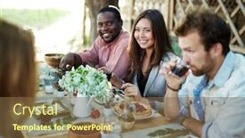 Presentation with multi ethnic group - Slides enhanced with group of multi-ethnic friends sitting by festive table having drinks anf dinner background and a tawny brown colored foreground
