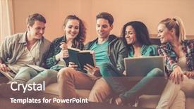  Presentation with multi ethnic group - Cool new presentation theme with group of multi ethnic young students preparing for exams in home interior backdrop and a coral colored foreground