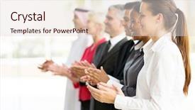  Presentation with multicultural - Presentation featuring group of multicultural business partners applauding background and a lemonade colored foreground