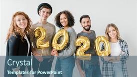  Presentation with golden numbers - Colorful presentation theme enhanced with group of multicultural friends holding golden balloons in form of numbers while celebrating new year together backdrop and a ocean colored foreground