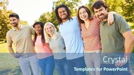  Presentation with diversity inclusion - PPT theme enhanced with group-of-multicultural-friends-hug background and a ocean colored foreground