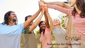  Presentation with building team - PPT theme having group-of-multicultural-friends background and a coral colored foreground