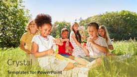 Presentation with multicultural kids - Presentation with group-of-multicultural-kids-drinks background and a yellow colored foreground
