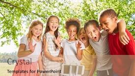  Presentation with multicultural kids - PPT theme having group-of-multicultural-kids background and a coral colored foreground