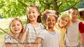  Presentation with multicultural kids - Colorful presentation theme enhanced with group-of-multicultural-kids backdrop and a coral colored foreground