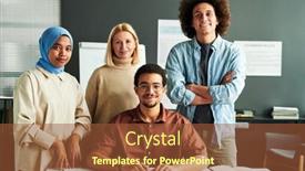  Presentation with front desk - Presentation theme enhanced with group-of-multicultural-students background and a tawny brown colored foreground