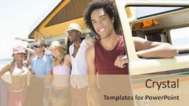  Presentation with campervan - Theme having group of multiethnic young people with campervan background and a coral colored foreground