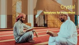  Presentation with quran - Presentation theme having group-of-muslims-reading background and a coral colored foreground