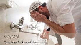  Presentation with prayer - PPT theme having group-of-muslims-take-ablution background and a mint green colored foreground