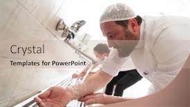  Presentation with take - Presentation design consisting of group-of-muslims-take-ablution background and a coral colored foreground