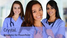 Presentation with nurses - Audience pleasing PPT theme consisting of group of nurses set in a hospital backdrop and a light blue colored foreground