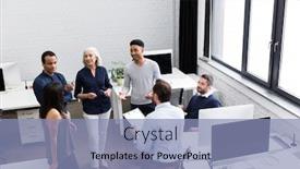  Presentation with ideas - PPT layouts consisting of group of office workers discussing business ideas while standing at the office background and a light blue colored foreground