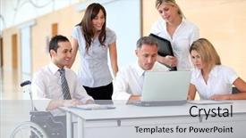  Presentation with business group meeting - Colorful slides enhanced with group of office workers in a business meeting backdrop and a light gray colored foreground