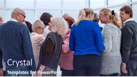  Presentation with old people - Colorful presentation theme enhanced with group-of-old-people-standing backdrop and a navy blue colored foreground