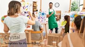 Presentation with paint art - PPT theme featuring group-of-paint-students-having background and a coral colored foreground