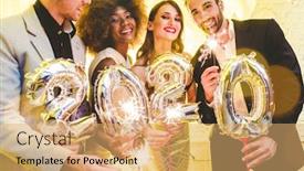  Presentation with 2020 - Slide set featuring group of party people celebrating the arrival of 2020 men and women looking into camera background and a coral colored foreground