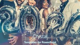  Presentation with 2020 - Cool new PPT theme with group of party people celebrating the arrival of 2020 men and women looking into camera backdrop and a ocean colored foreground