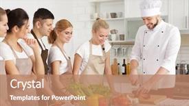  Presentation with group of people - Cool new slides with group of people at cooking backdrop and a coral colored foreground