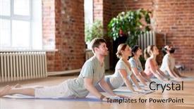  Presentation with health and fitness - Beautiful slide deck featuring group of people doing cobra backdrop and a coral colored foreground