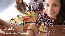  Presentation with group of people - Colorful presentation enhanced with group-of-people-doing-selfie backdrop and a tawny brown colored foreground