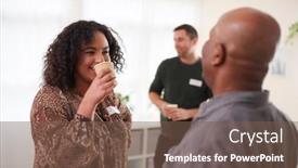 Presentation with community meeting - PPT layouts featuring group-of-people-drinking-coffee background and a violet colored foreground