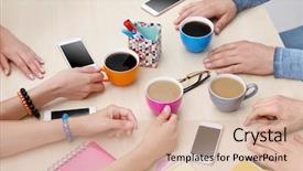  Presentation with community - Slide deck enhanced with group of people drinking coffee background and a  colored foreground