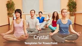 Presentation with exercise class - Theme having group of people during yoga meditation breathing exercise class background and a coral colored foreground