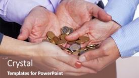  Presentation with focus group - Cool new PPT layouts with group of people hands holding a lot of coins selective focus backdrop and a coral colored foreground