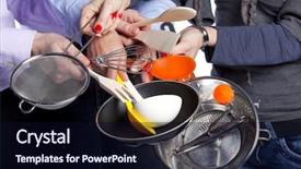  Presentation with focus group - Audience pleasing slides consisting of group of people hands holding some kitchenware tools selective focus backdrop and a wine colored foreground