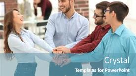 Presentation with partnership - Colorful PPT theme enhanced with group of people hands together partnership teamwork backdrop and a teal colored foreground