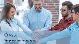  Presentation with partnership - Amazing PPT theme having group-of-people-hands-together backdrop and a light blue colored foreground