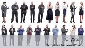  Presentation with hold hand - Presentation theme consisting of group-of-people-hold background and a light gray colored foreground