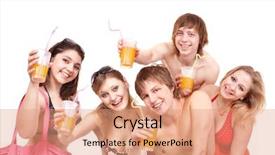  Presentation with people enjoying - Presentation with group of people in bikini enjoying cocktails isolated background and a coral colored foreground