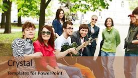  Presentation with group of people praying to god - Slide deck with group of people in city background and a coral colored foreground