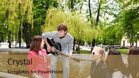  Presentation with park - Beautiful presentation theme featuring group of people in city park listen music outdoor backdrop and a coral colored foreground