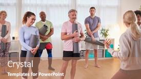  Presentation with community meeting - PPT layouts featuring group-of-people-in-exercise background and a coral colored foreground