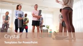  Presentation with community meeting - PPT layouts with group-of-people-in-exercise background and a coral colored foreground