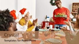  Presentation with standing sitting - Theme featuring group-of-people-meeting-clapping background and a coral colored foreground