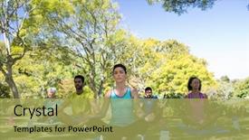  Presentation with yoga - Beautiful PPT theme featuring group of people performing yoga in the park on a sunny day backdrop and a yellow colored foreground
