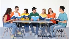  Presentation with reading table - Beautiful slides featuring group of people reading books backdrop and a seafoam green colored foreground